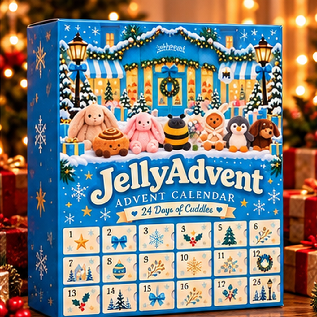 Blue illustrated Christmas Advent calendar with festive storefront design and numbered doors