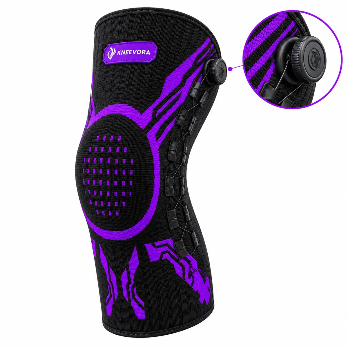A black and purple Kneevora knee support brace with a circular inset showing a close-up of the adjustable dial closure, set against a plain white background.