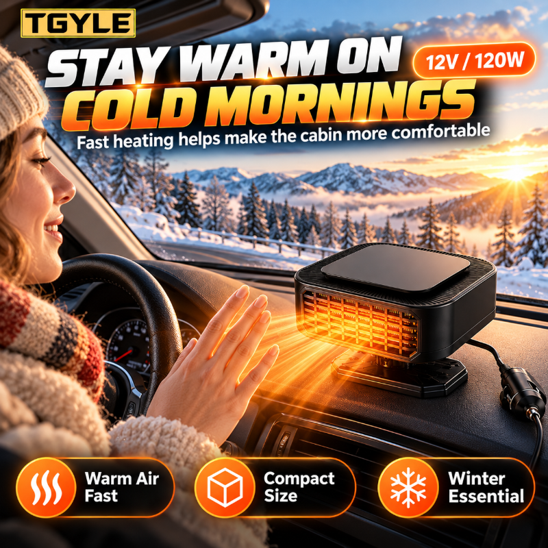 Portable car heater blowing warm air on a cold morning
