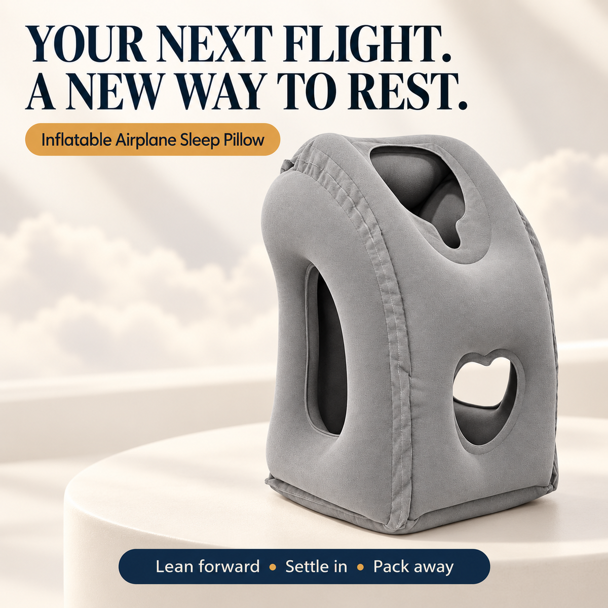 Gray inflatable airplane sleep pillow, front three-quarter view